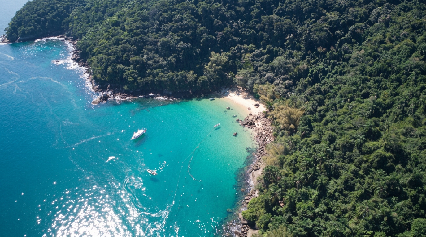 Vista aérea do litoral de Ubatuba, com mata atlântica encontrando o mar